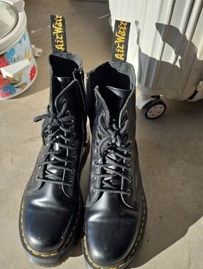 Dr. Martens Black Leather Lace-Up Boots with Yellow Stitching